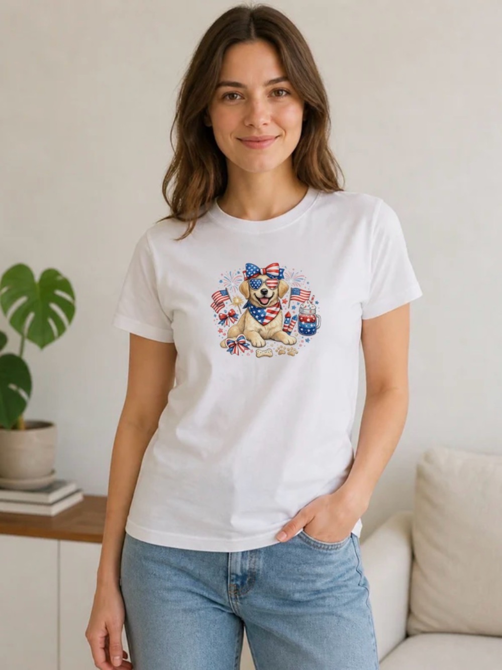 Patriotic Dog Shirt Fourth of July Puppy Graphic Tee for Women